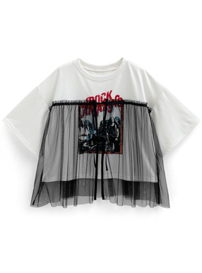 バンドプリントチュールリボンTシャツ