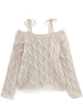オフショルダーリボンケーブル編みニットトップス