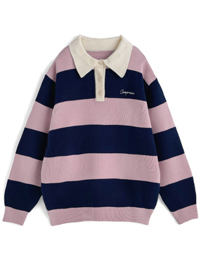 ロゴ刺繍ボーダー柄ニットポロシャツ