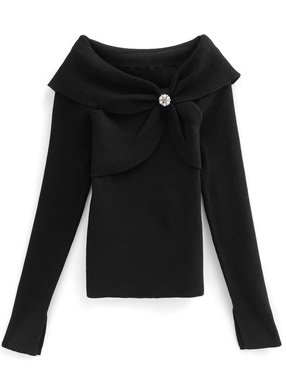 ブローチ付きビッグリボンリブニットトップス