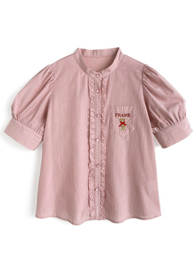 ストライプ柄テディベア刺繍フリルブラウス