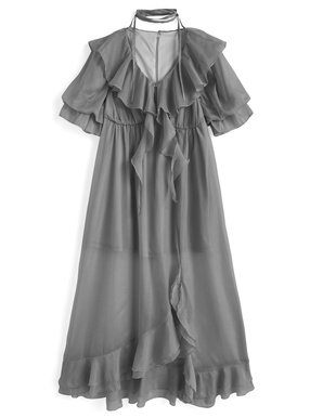 ネックリボンラメシアーフリルスリットワンピース