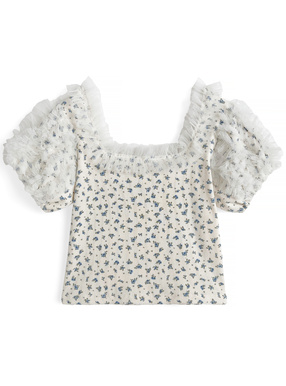 チュールフリル花柄ショート丈トップス