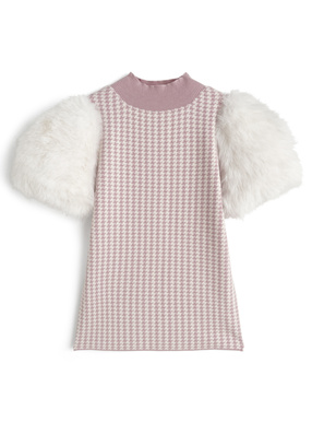 千鳥チェック柄ファースリーブニットトップス