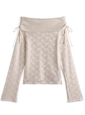 レースレイヤードリボンオフショルダーリブニットトップス