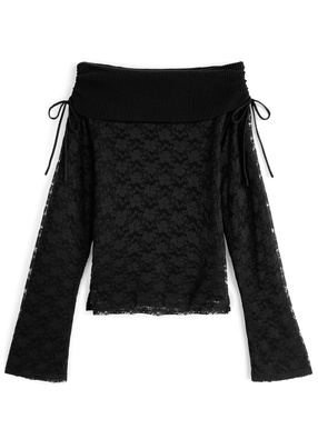 レースレイヤードリボンオフショルダーリブニットトップス