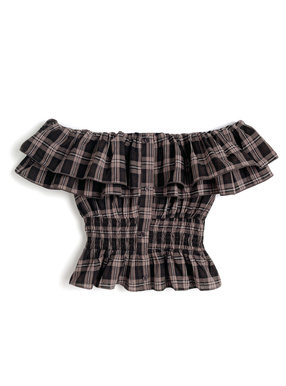 チェック柄オフショルダーフリルトップス