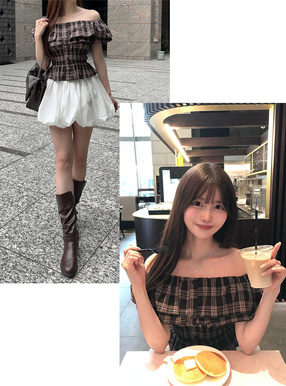 チェック柄オフショルダーフリルトップス