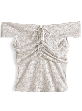 オフショルダー花柄レースリボントップス