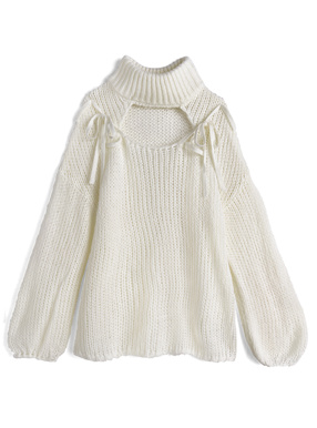 デコルテオープンタートルネックリボンニットトップス