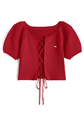 レースアップケーブル編みニットトップス
