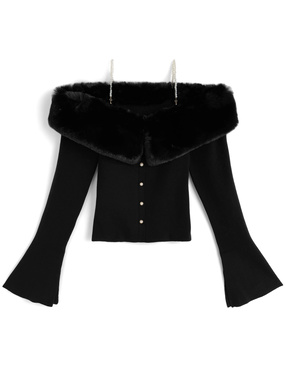 パールストラップ付きファーオフショルダーニットトップス