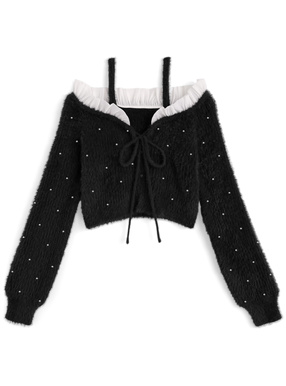 2Wayストラップ付きオフショルダーパールシャギーニットカーディガン