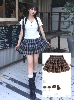 インパン裏地付チェック柄ティアードミニスカート