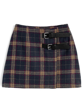 インパン裏地付きチェック柄ベルトラップ風ミニスカート