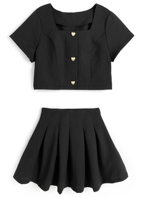 ハートボタンジャケット×フレアスカートツイードセットアップ