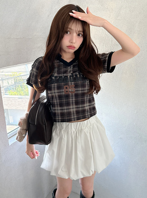 チェック柄シアーレザーロゴスキッパートップス
