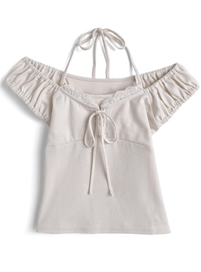 ホルターネックレースリボンオフショルダートップス