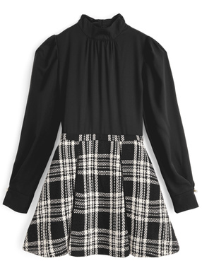 リボン付きチェック柄ドッキングミニワンピース