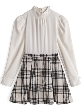 リボン付きチェック柄ドッキングミニワンピース