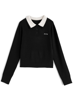ダブルカラーロゴ刺繍ポロニットトップス