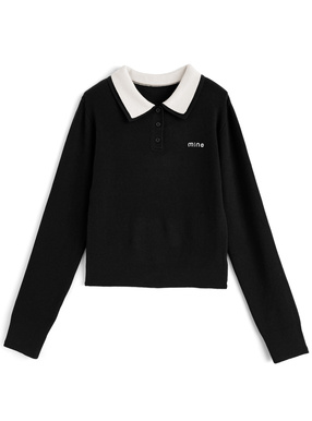 ダブルカラーロゴ刺繍ポロニットトップス