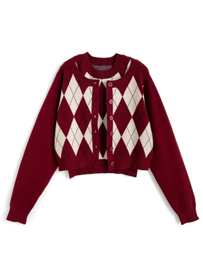 アーガイル柄ニットカーディガン×ノースリーブトップスアンサンブル