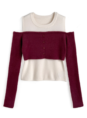 レイヤード風オフショルダーニットトップス