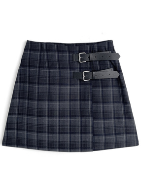 インパン裏地付きチェック柄ベルトラップ風ミニスカート