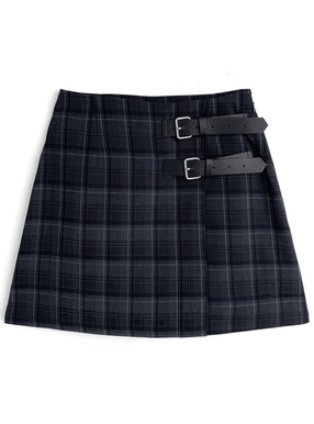 インパン裏地付きチェック柄ベルトラップ風ミニスカート