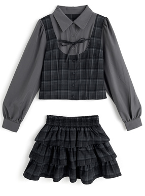 チェック柄ドッキングトップス×ティアードミニスカートセットアップ
