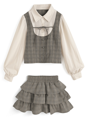 グレンチェック柄シャツドッキングトップス×ティアードミニスカートセットアップ