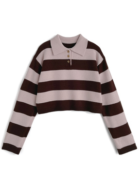 ボーダー柄ポロニットトップス