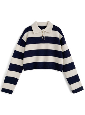 ボーダー柄ポロニットトップス