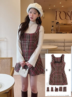 ツイードチェックノースリーブミニワンピース