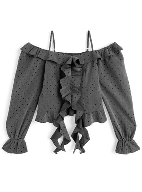 ドット柄オフショルダーラッフルフリルトップス