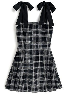 ツイードチェックショルダーリボンプリーツミニワンピース