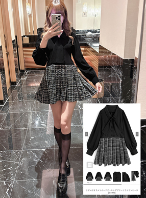 リボン付きラメツイードドッキングプリーツミニワンピース