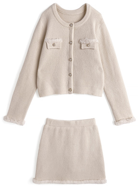 ファーニットカーディガン×タイトミニスカートセットアップ