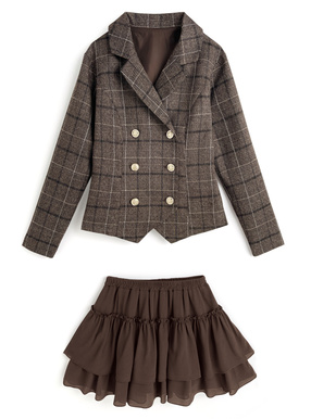 チェック柄ダブルジャケット×ティアードフリルミニスカートセットアップ