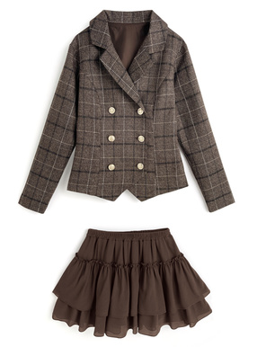 チェック柄ダブルジャケット×ティアードフリルミニスカートセットアップ
