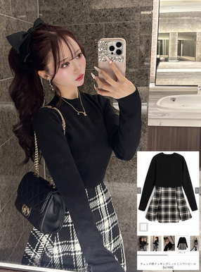 チェック柄ドッキングニットミニワンピース