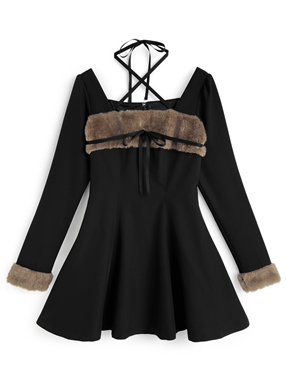 ホルターネック付きファーリボンミニフレアワンピース