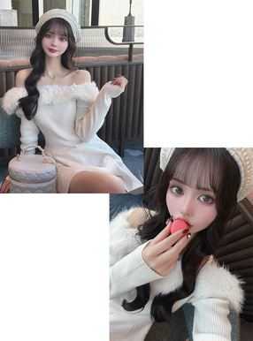 ファー・ストラップ付きオフショルダーニットミニワンピース