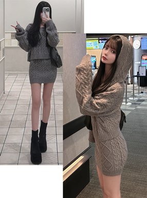 ケーブル編みニットパーカー×タイトミニスカートセットアップ