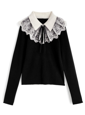 リボンタイ付きレースカラーニットトップス