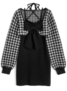 チェック柄シャギーボレロ×ホルタ-ネックリボンミニワンピースアンサンブル