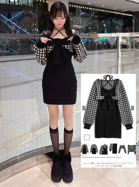 チェック柄シャギーボレロ×ホルタ-ネックリボンミニワンピースアンサンブル