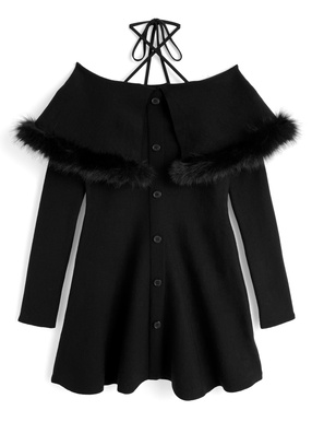 ホルターネックファーオフショルダーニットミニワンピース