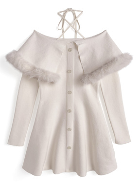 ホルターネックファーオフショルダーニットミニワンピース